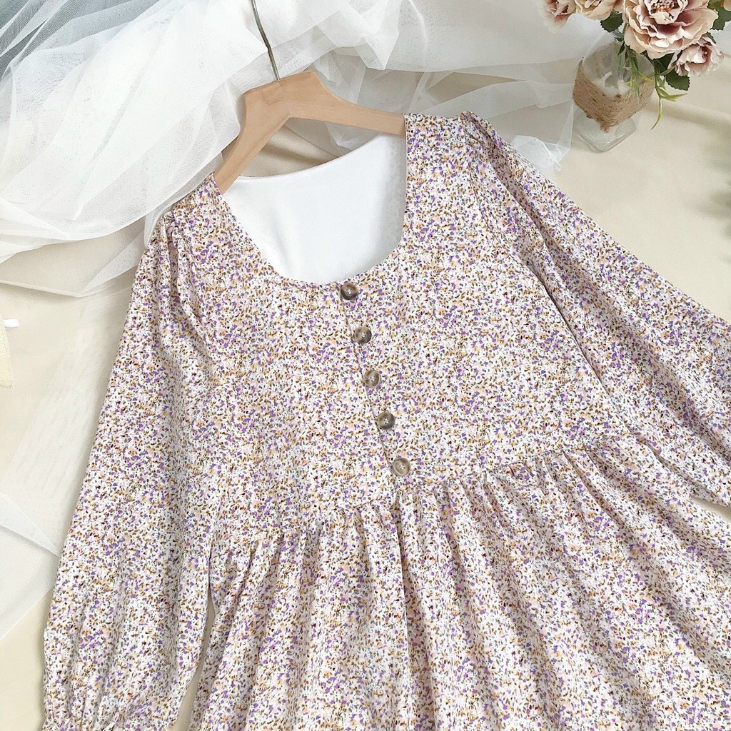 Đầm Xòe Babydoll Hoa Nhí- Váy Xòe Cổ Tròn Tay Bồng Kiểu Dáng Nhẹ Nhàng Nữ Tính Thích Hợp Cho Các Nàng Bánh Bèo