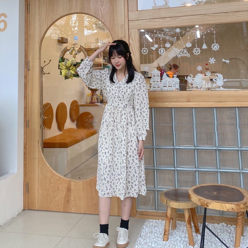 Váy trắng hoa nhí babydoll cổ V hoa nhí body cúc ngực , Đầm dự tiệc Ulzzang dáng dài thiết kế dự tiệc | BigBuy360 - bigbuy360.vn