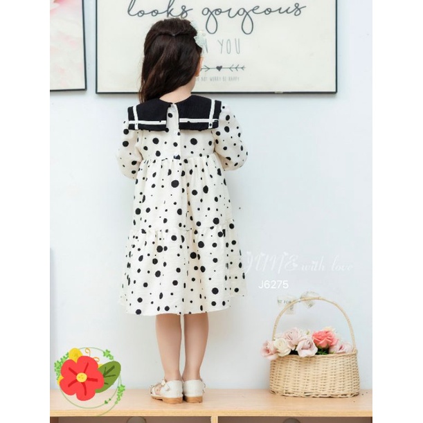 Váy Bé Gái Dài Tay 1-10 Tuổi 10-40kg, Váy Mùa Thu Đông Thủy Thủ, Tay Bo, Chấm Bi, Nhung Text June With Love