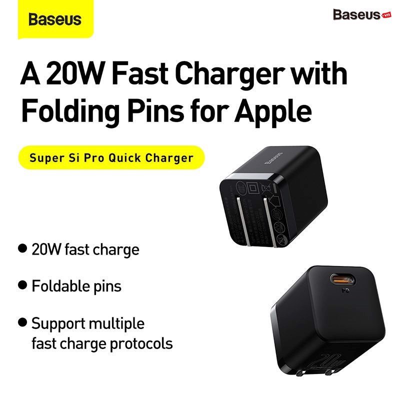 Cốc sạc nhanh Baseus Super Si Pro PD TypeC 20W - Chân dẹp, dạng gập - Nhất Tín Computer