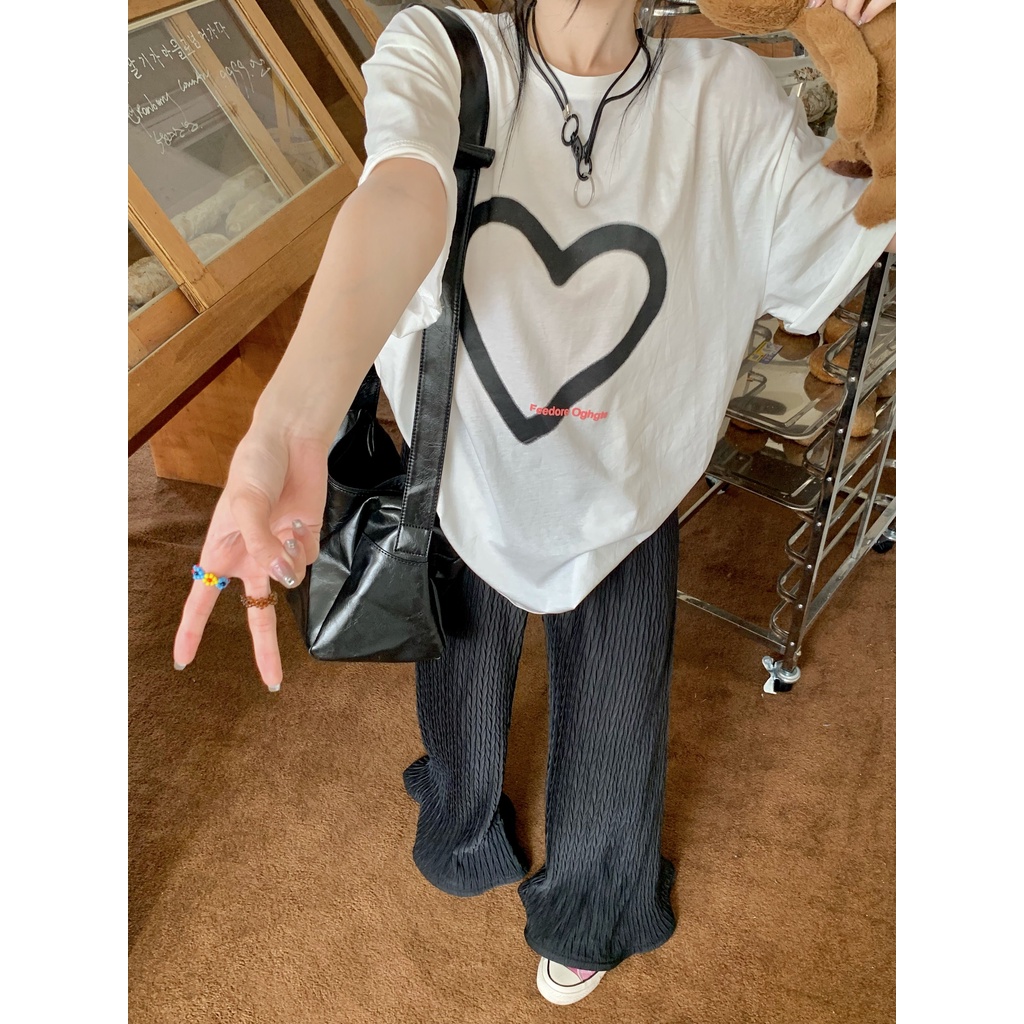 Áo Thun cotton Tay Ngắn Cổ Tròn In Họa Tiết Trái Tim Thời Trang Phong Cách Hàn Quốc Cho Nữ