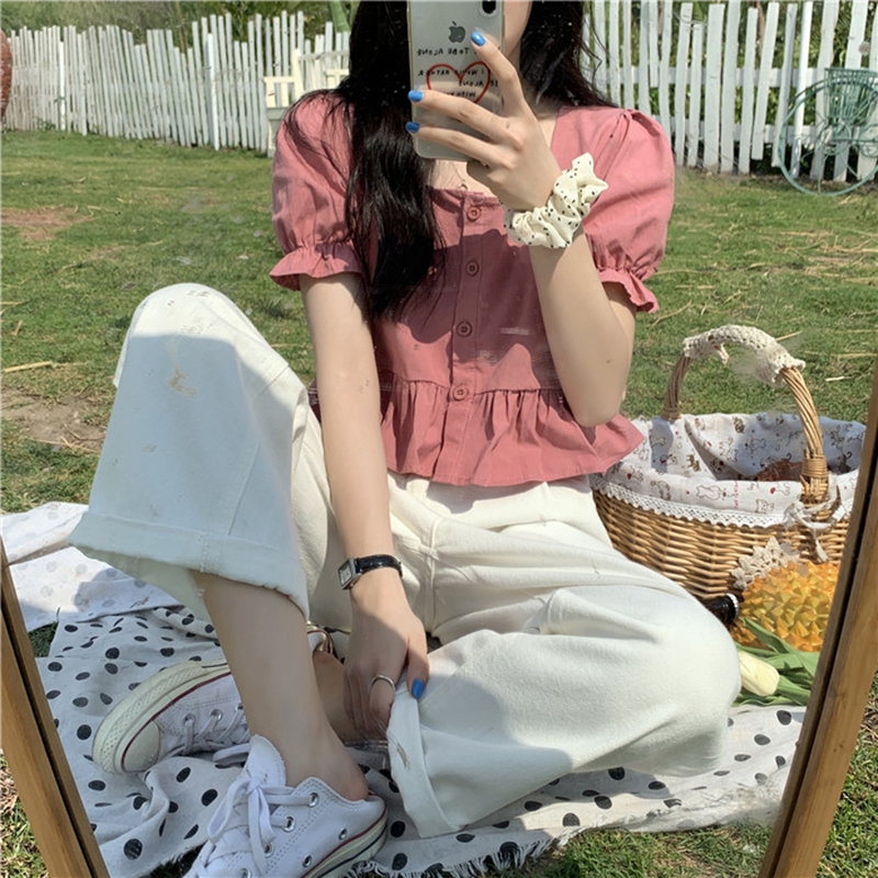 Áo croptop nữ, Áo kiểu bánh bèo tiểu thư tay phồng ngắn cổ vuông | BigBuy360 - bigbuy360.vn