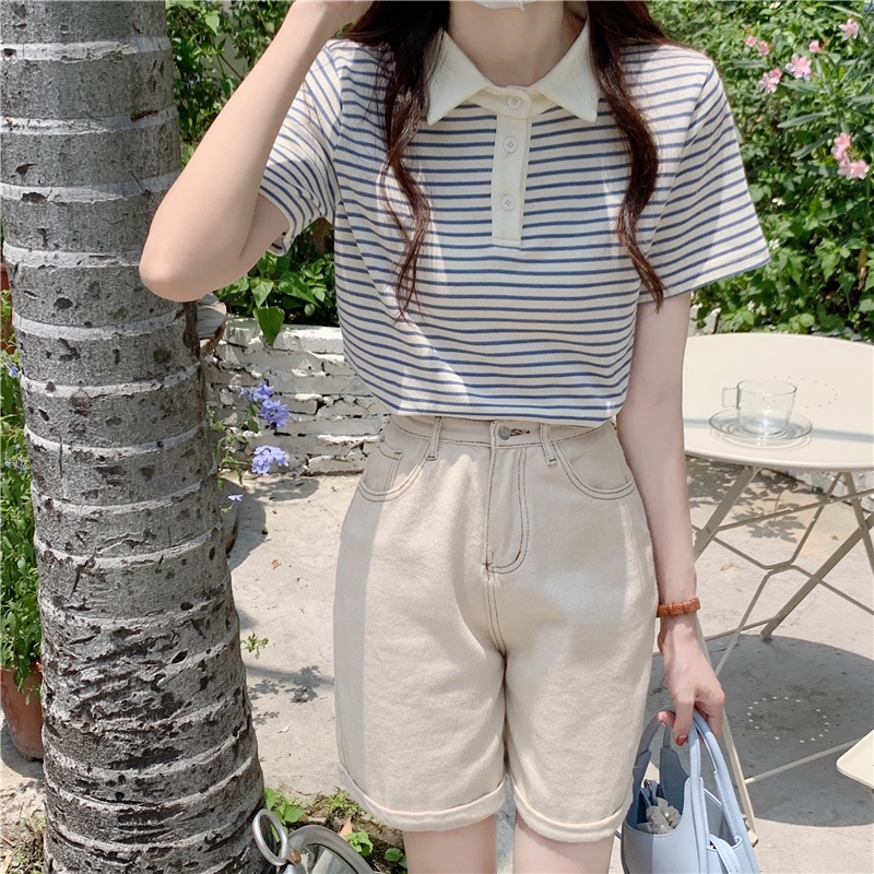 Áo polo cotton Tay Ngắn Dáng Rộng Họa Tiết Kẻ Sọc Thời Trang Mùa Hè 2022 Mới Cho Nữ