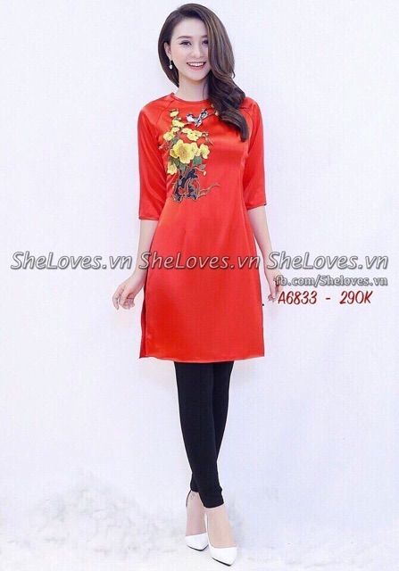 Áo Dài Cách Tân Thêu Hoa Tặng Kèm Quần Bó