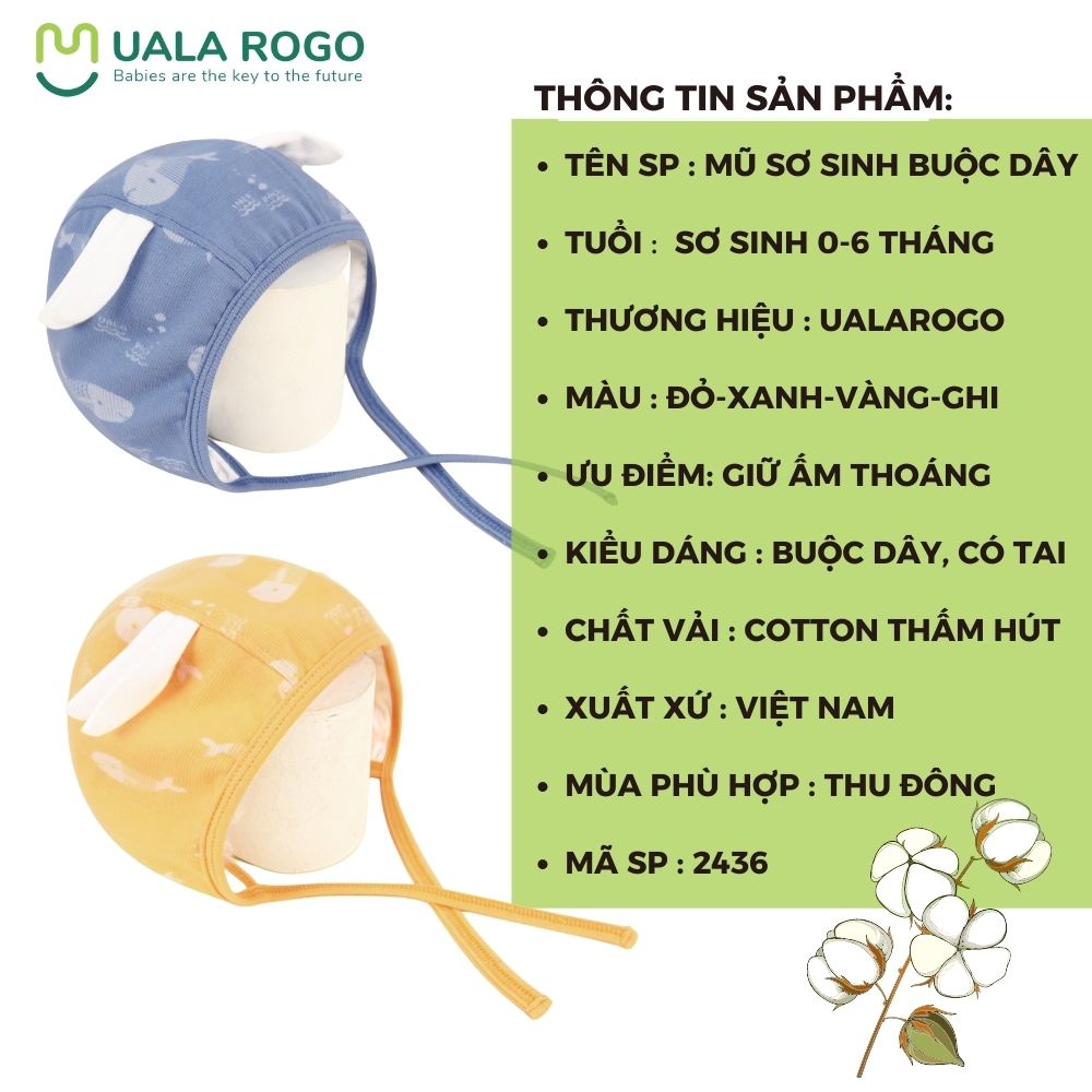 Mũ sơ sinh buộc dây Ualarogo 0-6 tháng vải cotton thấm hút thoáng đầu giữ ấm 2436