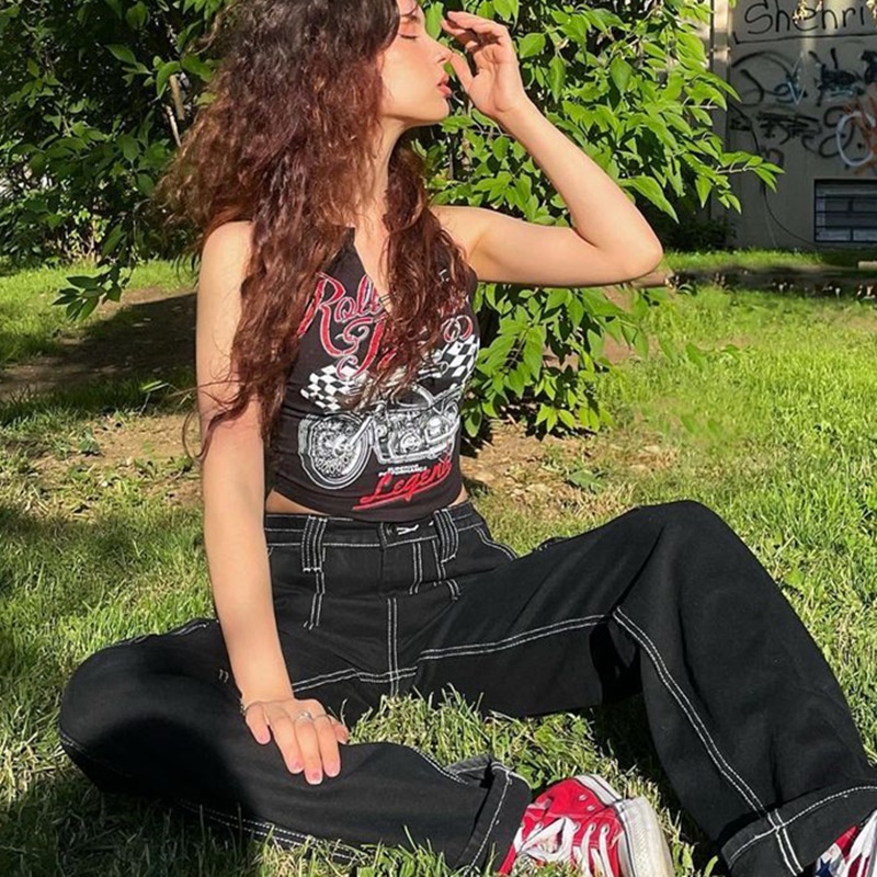 Áo Tank Top Cổ Chữ V In Họa Tiết Moto Phong Cách Đường Phố Cá Tính Cho Nữ