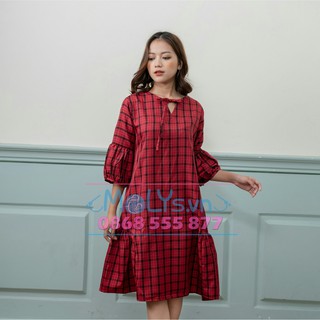 ĐẦM BẦU THIẾT KẾ V3121 đuôi cá thô kẻ, tay lồng đèn kiểu cách