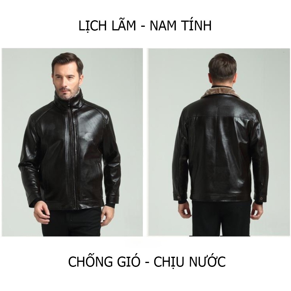 Áo khoác da nam cao cấp lót lông cừu chống nhăn, chống nước ,chống gió - Áo da nam cổ lông