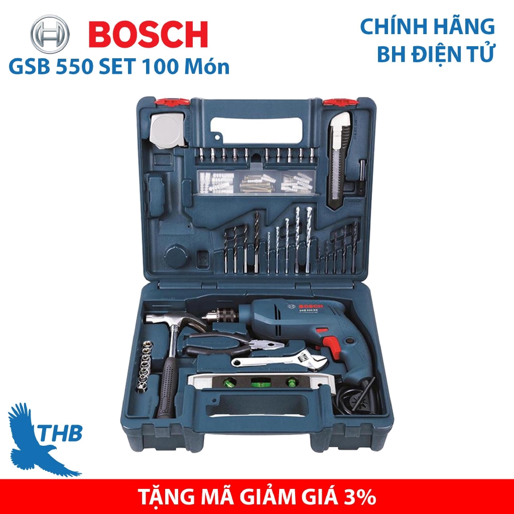 Bộ Máy khoan động lực Máy khoan gia đình Bosch GSB 550 Set 100 món - Bộ máy khoan bán chạy nhất năm