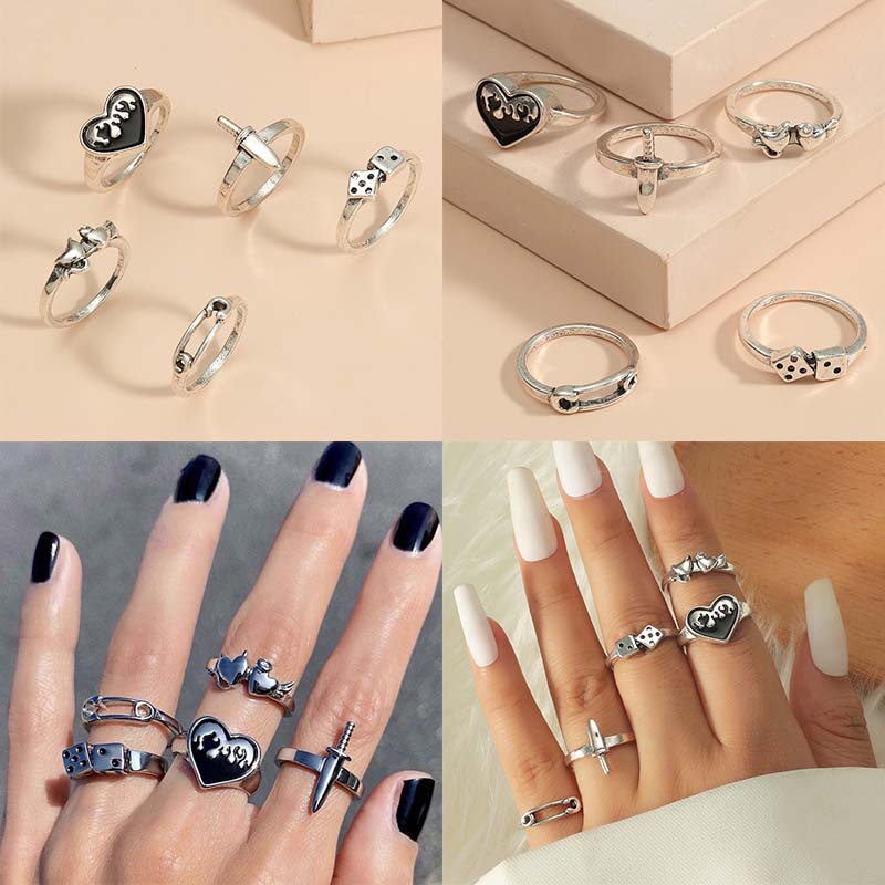 Bộ Nhẫn Đeo Ngón Tay Họa Tiết Trái Tim Kiểu retro Dễ Thương Cho Nữ