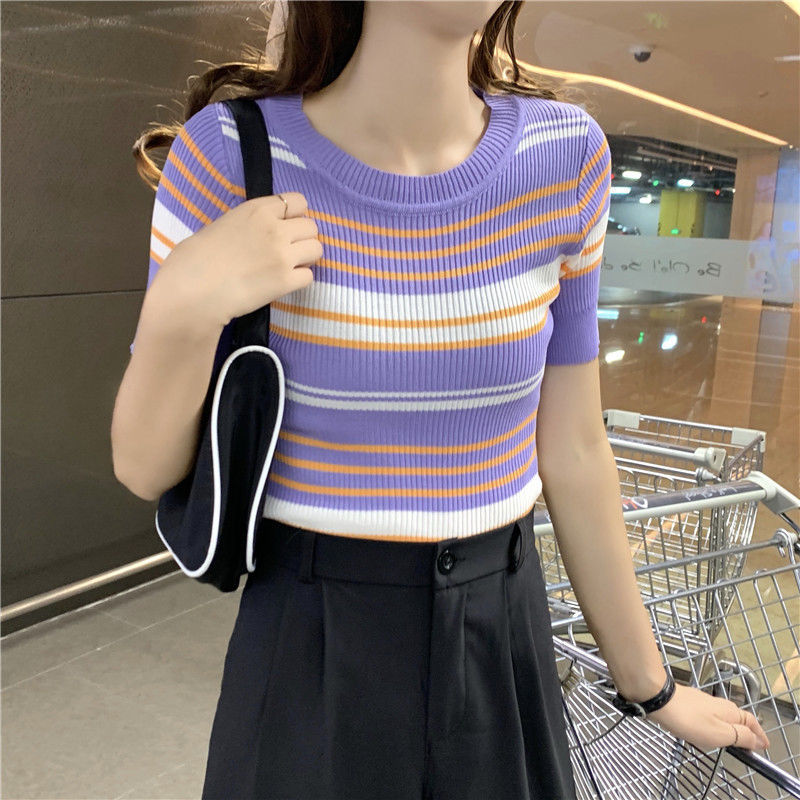 Áo Croptop Dệt Kim Nữ Cổ Tròn Tay Ngắn Kẻ Sọc Ngang Thời Trang