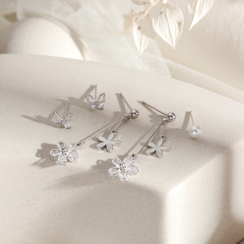 Set 3 Đôi Bông Tai Nữ Hoa Đá/ Mèo Cá Bạc 925 Cao Cấp ERASHOP 078922 - Đơn Giản, Phù Hợp Đeo Hằng Ngày, Siêu Rẻ Đẹp