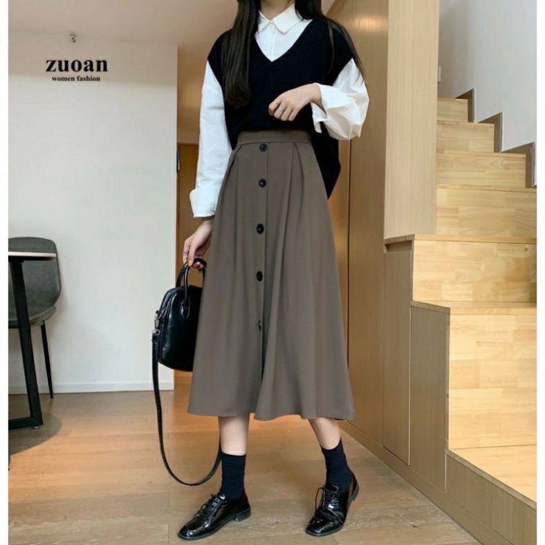 Chân váy công sở dáng dài 5 cúc hàng mới chất siêu mát, co dãn, mầu đen trắng