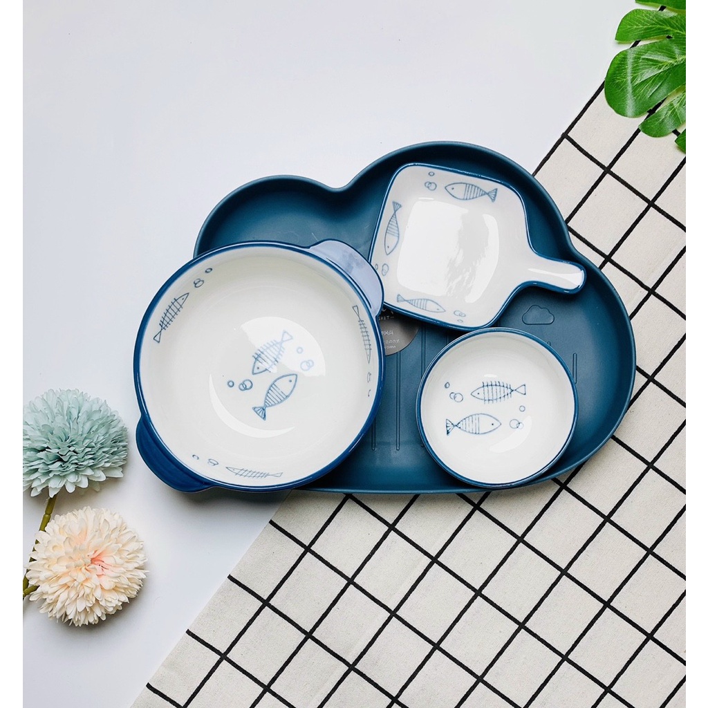 Combo chén bát ăn dặm gốm sứ màu xanh, màu hồng đáng yêu cho bé- Baby Galaxy Official