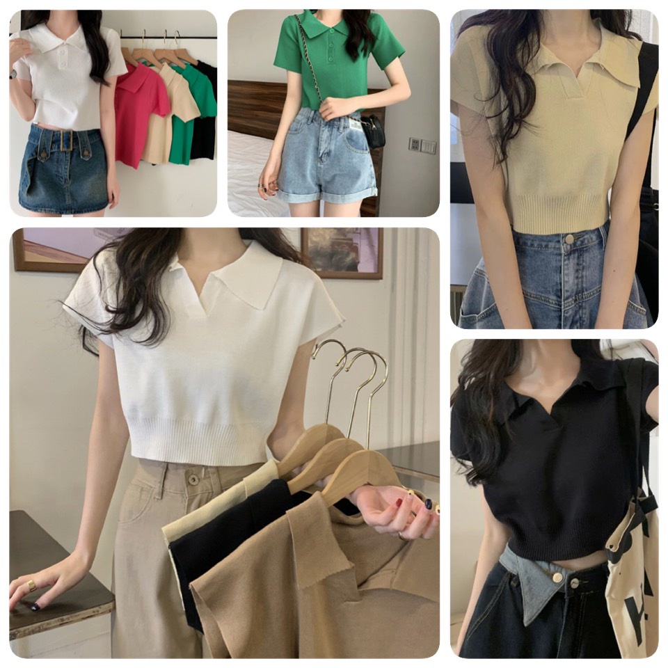Áo Dệt Kim Croptop, Polo Nữ Cổ Đức Cộc Tay Hàng Quảng Châu Loại 1 Ailee