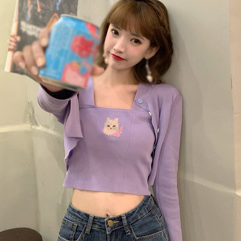 Áo Hai Dây Dệt Kim Thêu Hình Mèo Xinh Xắn Dành Cho Nữ