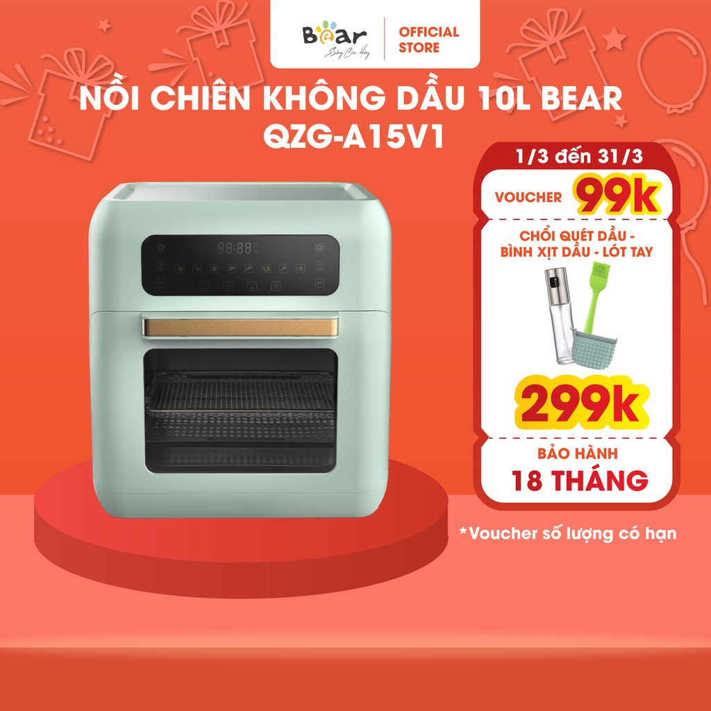 Nồi chiên không dầu Bear 10L QZG A15V1 Chiên không khí, nướng đối lưu Màu xanh pastel - Bảo hành Chính hãng 18TH