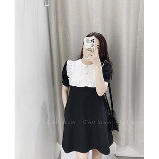 Váy đen cổ bèo trắng cúc đá