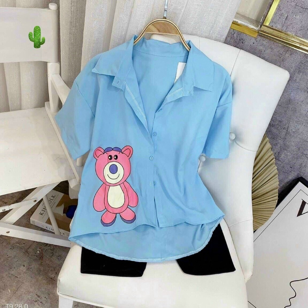 áo sơ mi tay ngắn in hình gấu xinh mềm mịn p