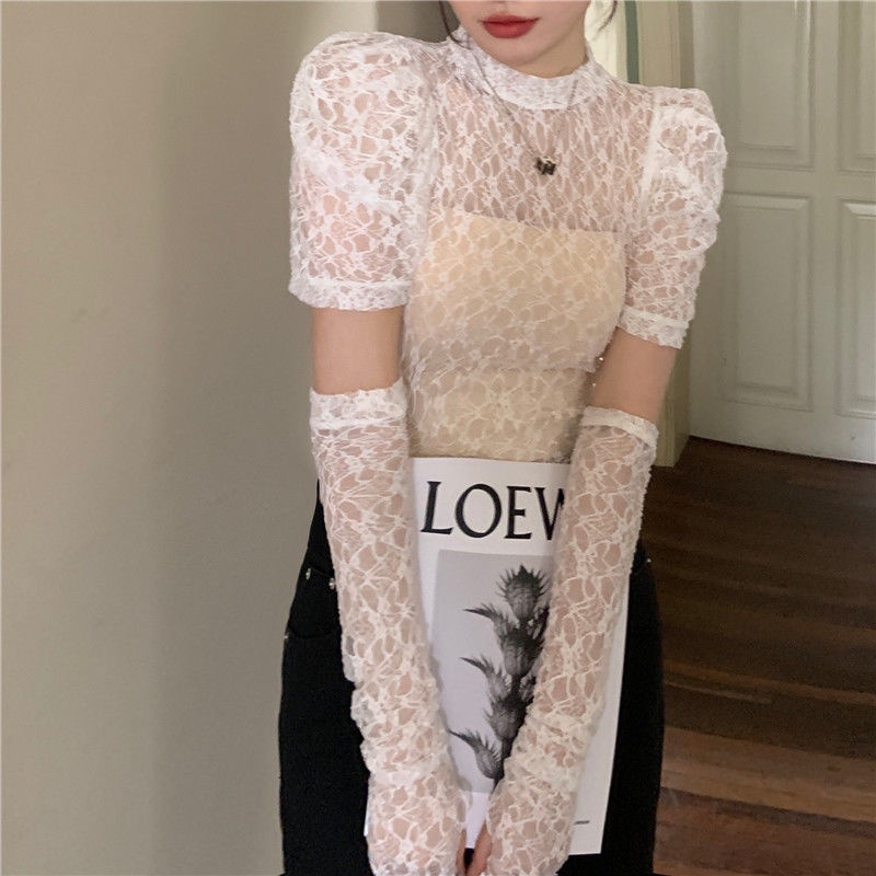 Cổ Phiếu Sẵn Sàng❤Ah F &amp; X Áo Sơ Mi Voan Mỏng Tay Phồng Cổ Tròn Phối Ren Phong Cách Pháp Thời Trang Mùa Hè Cho Nữ