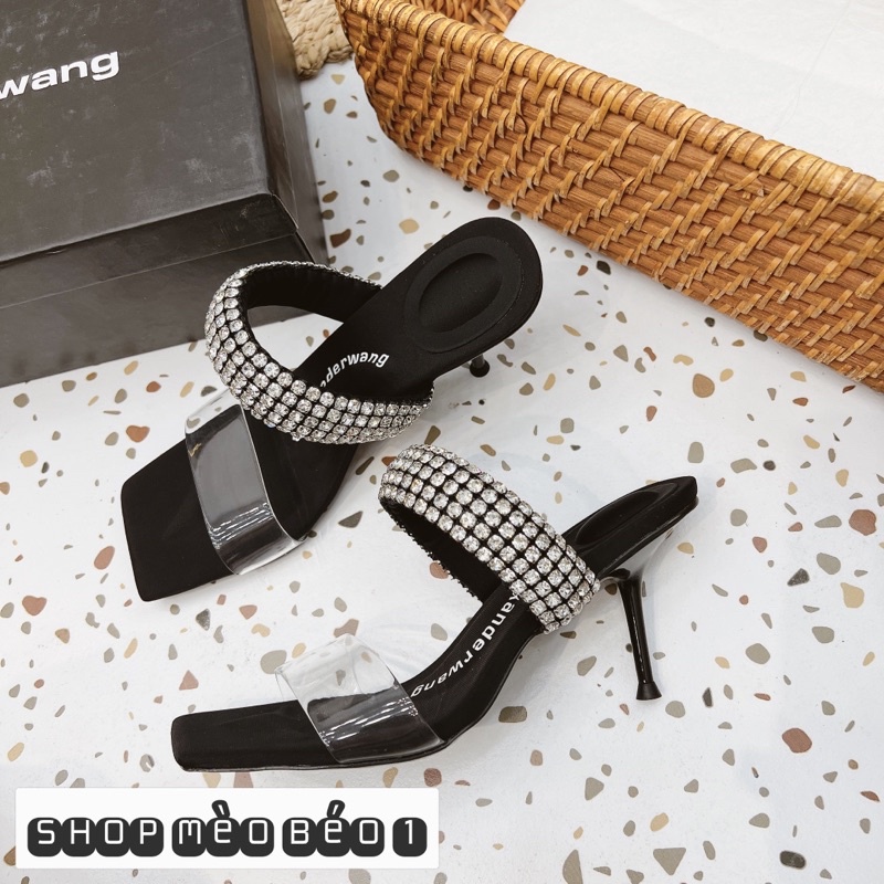 Guốc wang quai đá ngang mica gót nhọn fullbox