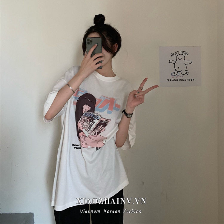 Xiaozhainv 2 colors summer loose wild comic print Harajuku style retro short-sleeved T-shirt fashion women's top