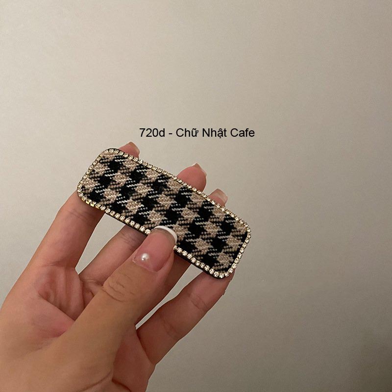 (0720) Cặp Tóc Houndstooth Viền Đá Nổi Bật Cổ Điển Nữ Tính