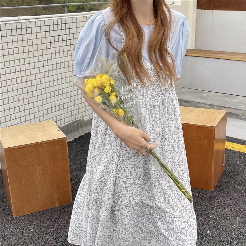 ㍿☞♈Set áo ngắn tay váy hoa retro Hồng Kông hai dây nữ lưới màu đỏ