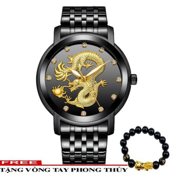 Đồng hồ nam mặt rồng ĐEN dây  hợp kim thép không gỉ Tặng vòng tay tỳ hưu