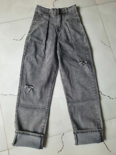 Lenkapas - Quần Jeans phong cách bụi suông rộng chiết ly