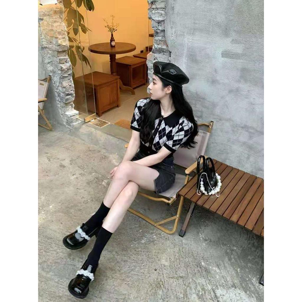 Áo Sơ Mi Lửng Ngắn Tay Họa Tiết Caro Retro Thời Trang Cho Nữ