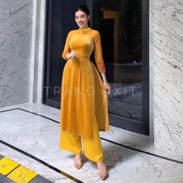 Áo dài nhung kiểu cách tân lửng Vàng Mù Tạc tay nhún cách điệu
