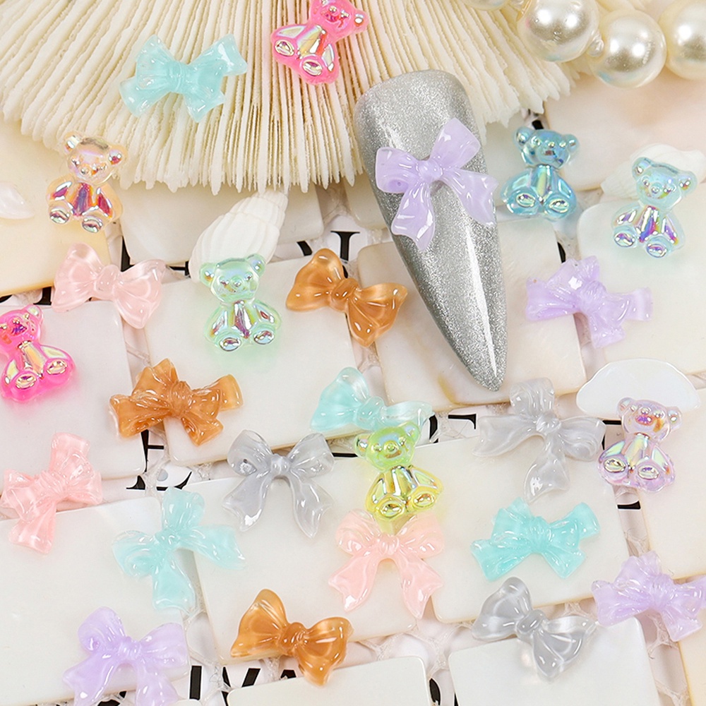 [Hàng mới về] Bộ 6 hàng 30 / 48 chiếc phụ kiện trang trí móng nghệ thuật hình gấu trong suốt/ nơ 3D cho nữ