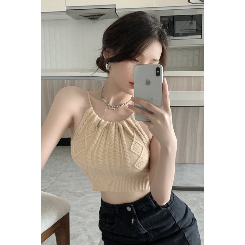 Áo hai dây croptop cổ yếm hở lưng vải len dệt kim nữ A2S17