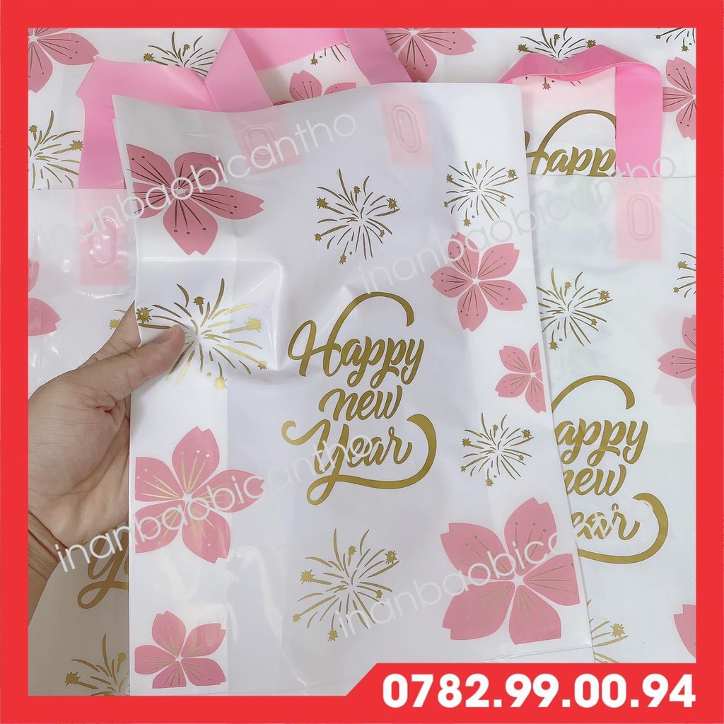 [COMBO 5 TÚI] túi đựng quà tết có hình hoa đào, pháo bông in sẵn chữ Happy New year ép quai hồng dẽo dai sang trọng