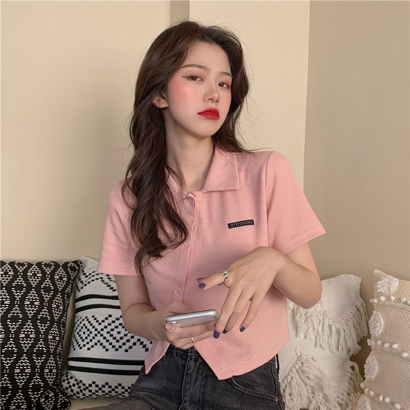 Áo Thun Nữ Tay Ngắn Có Cổ Viền Cúc Đan Chéo