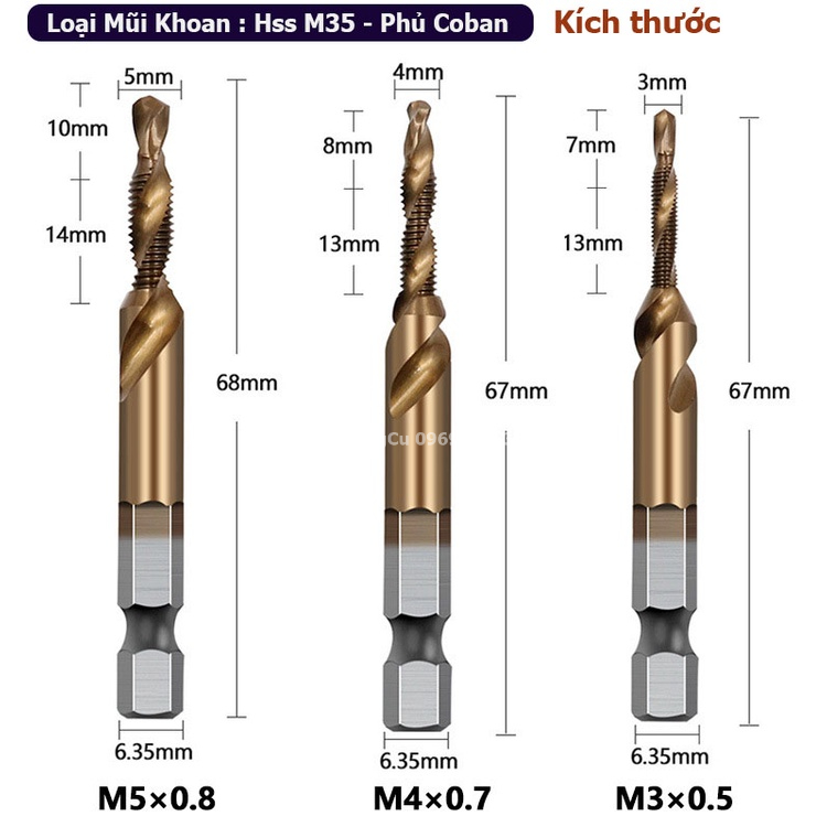 Mũi khoan taro ren phủ Coban từ M3 đến M10 HSS-M35. Mũi tạo ren chuôi lục giác chuẩn 6.35mm