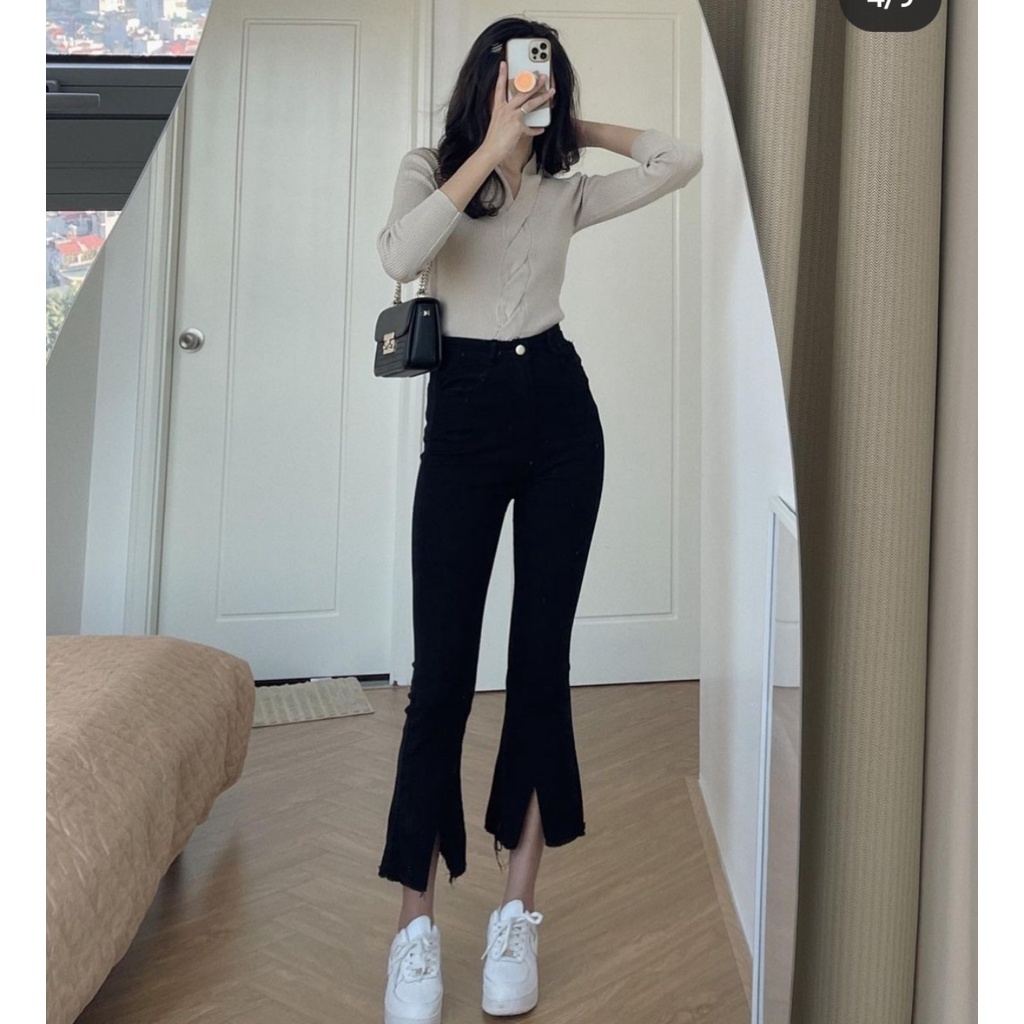 Quần jean ống loe đen xẻ gấu cạp cao hách dáng chất co giãn thoải mái by Minxy