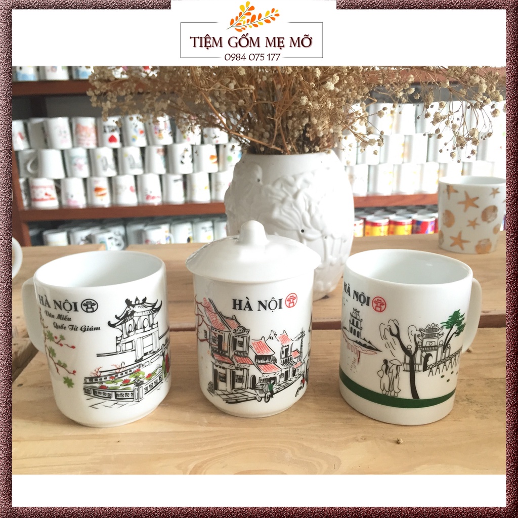 Cốc Ly sứ trắng có quai có nắp in biểu tượng Hà Nội
