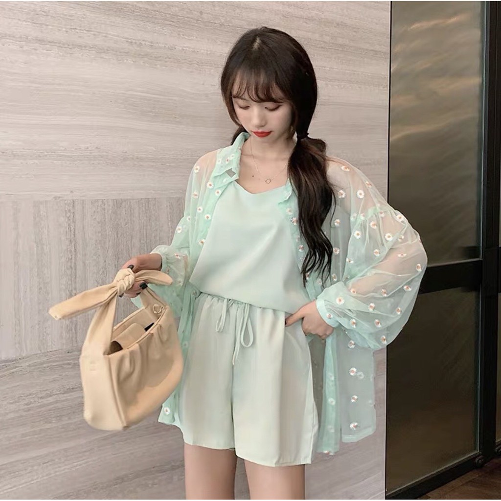 Áo sơ mi lưới khoác ngoài in bông cúc xinh xắn hot hit xinh xinh