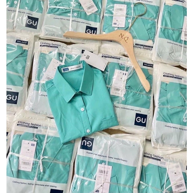 Áo sơ mi GU tay dơi gập gấu xanh mint