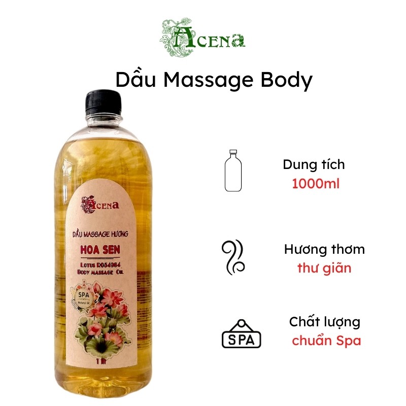 Tinh Dầu Massage Body Hoa Sen ACENA 1000ml Chuẩn Spa, Hương Thơm Lôi Cuốn Quyến Rũ