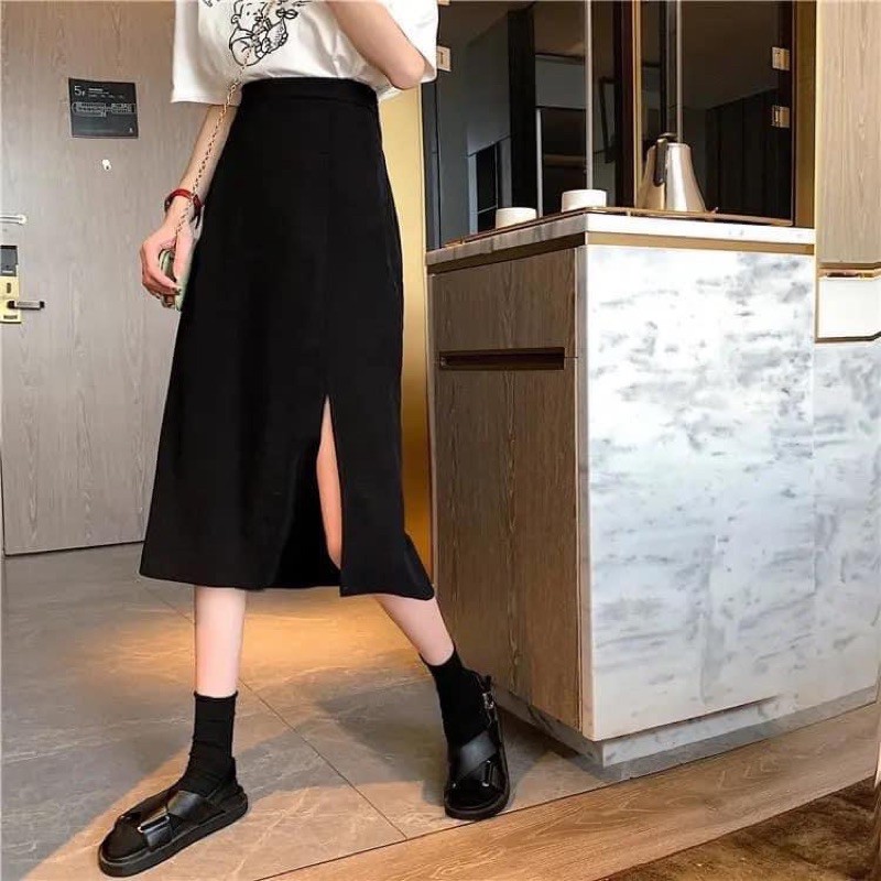 Chân váy trơn dáng chữ A có xẻ tà thời trang cho nữ