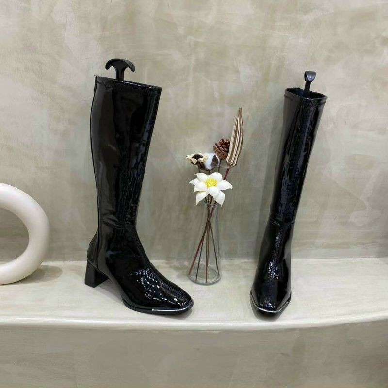 Boots gối mũi sắt da bóng gót 6p dễ đi