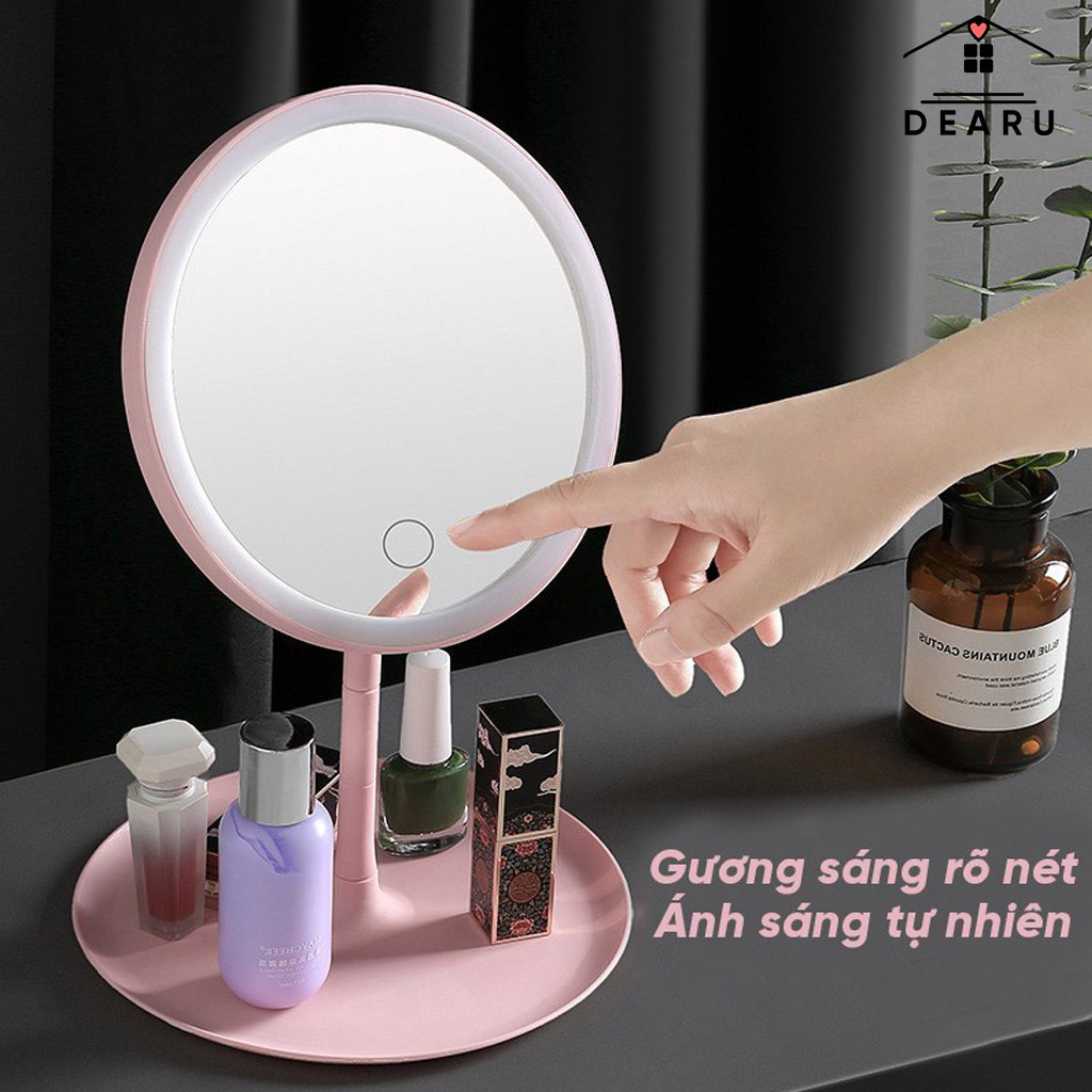 Gương Để Bàn Trang Điểm Có Đèn Led Cảm Ứng 3 Chế Độ Ánh Sáng Gương MakeUp