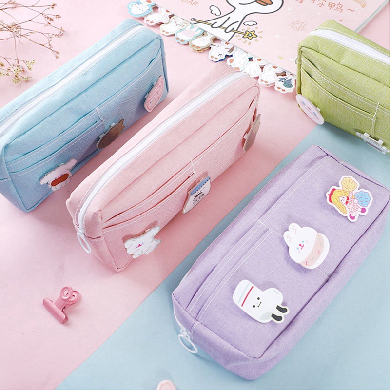 Túi Đựng Bút Bằng Vải Canvas Nhiều Ngăn Cỡ Lớn Thiết Kế Dễ Thương Phong Cách Hàn Quốc Ốp
