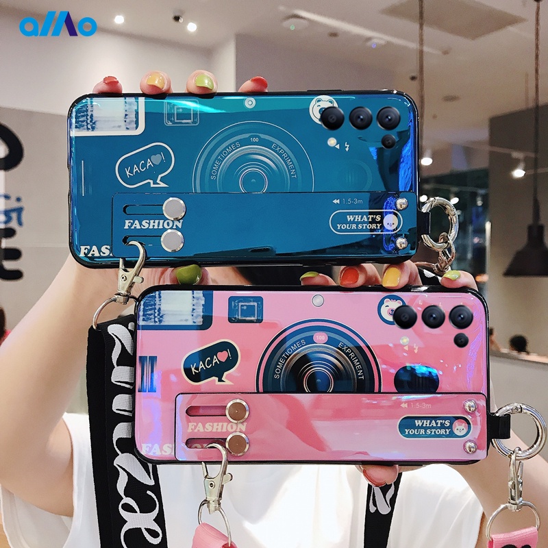 Ốp điện thoại hình máy ảnh ánh sáng xanh lam thời trang có dây đeo dành cho Oppo Reno6 Reno6 Z 5g