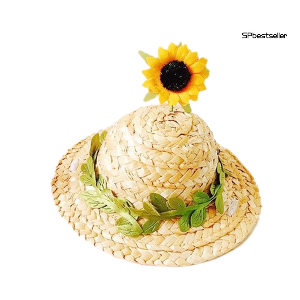 Nón rơm rộng vành đính hoa dễ thương dành cho thú cưng