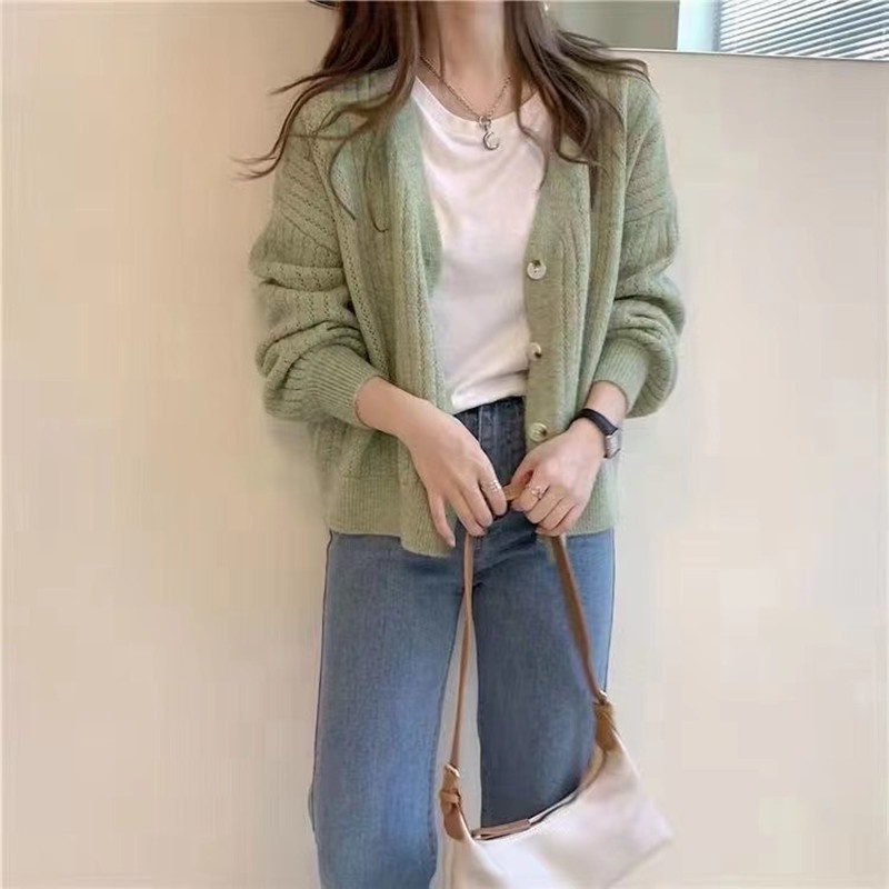 Áo khoác cardigan SUXI dệt kim dáng rộng tay dài màu trơn phong cách vintage thời trang mùa thu mới cho nữ