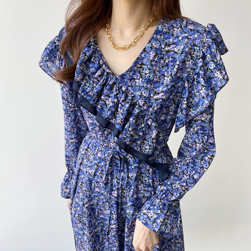 Korean Style_Đầm Lanh Hoa Nhí Phối Bèo